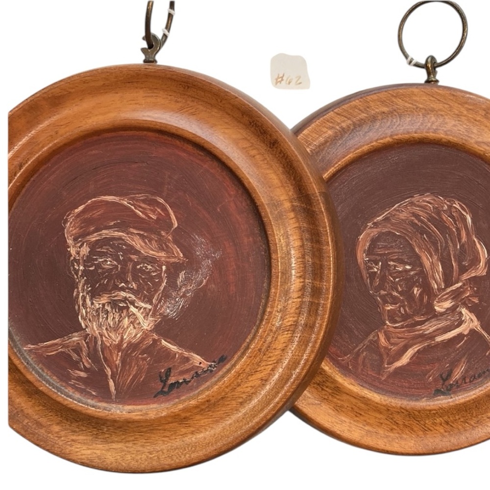 Miniature Round Portraits of Old Fisherman  and Woman with Bonnet Canadian